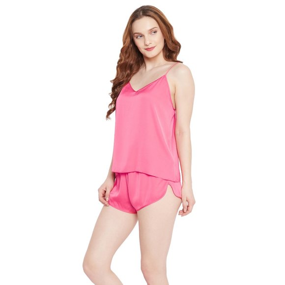 Solid Parasite Pink 2 Pcs Satin Shorts Sleepwear for Women - Picture 4 of 7